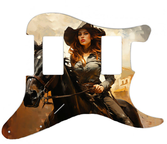 Cowgirl RedHead Pinup with Black Horse Pickguard for Fender Stratocaster **PRINTING ONLY**